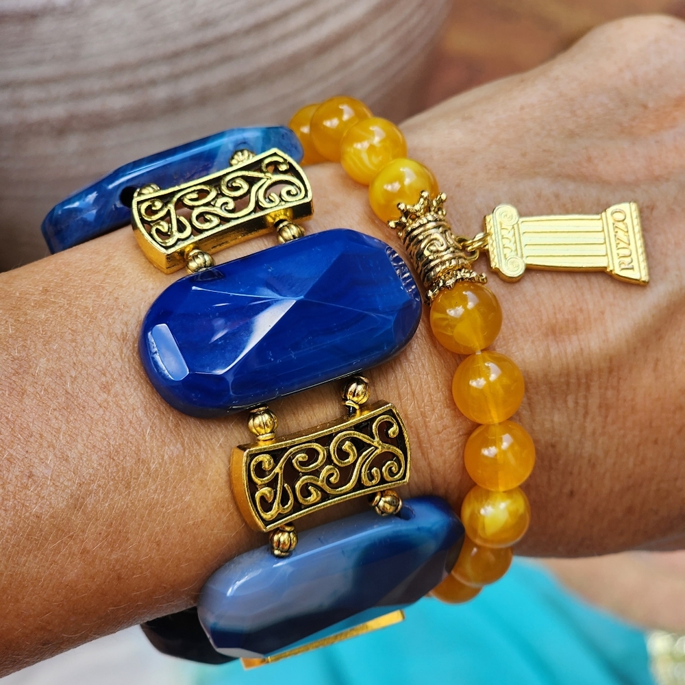 Gold & Blue Statement Bracelet Set with Amber Bead Accent
